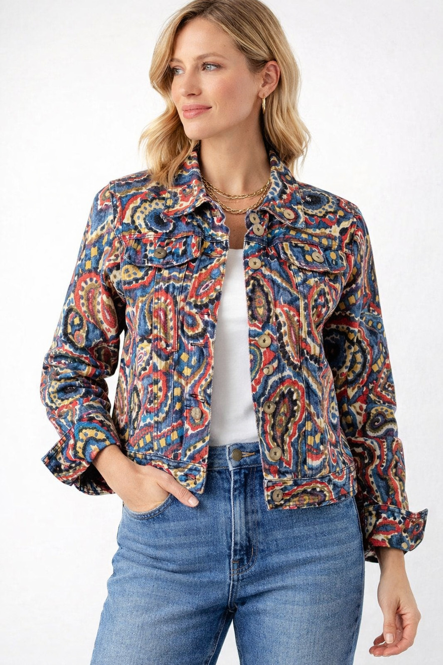 Ruby Rd Colorful Paisley Print Button Front Jacket Boho Retro Women's 8